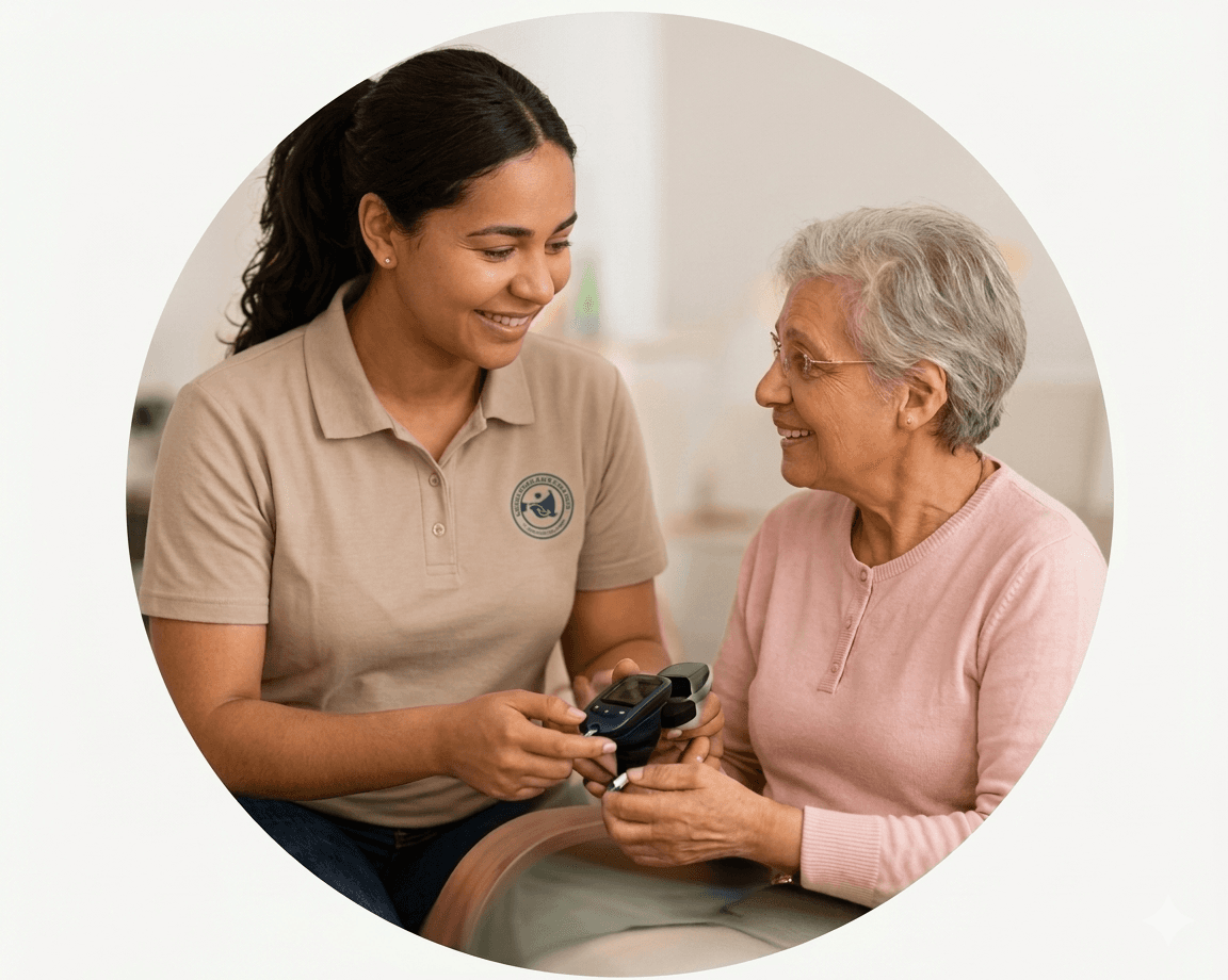 Caregiver helping an older adult choose adaptive equipment