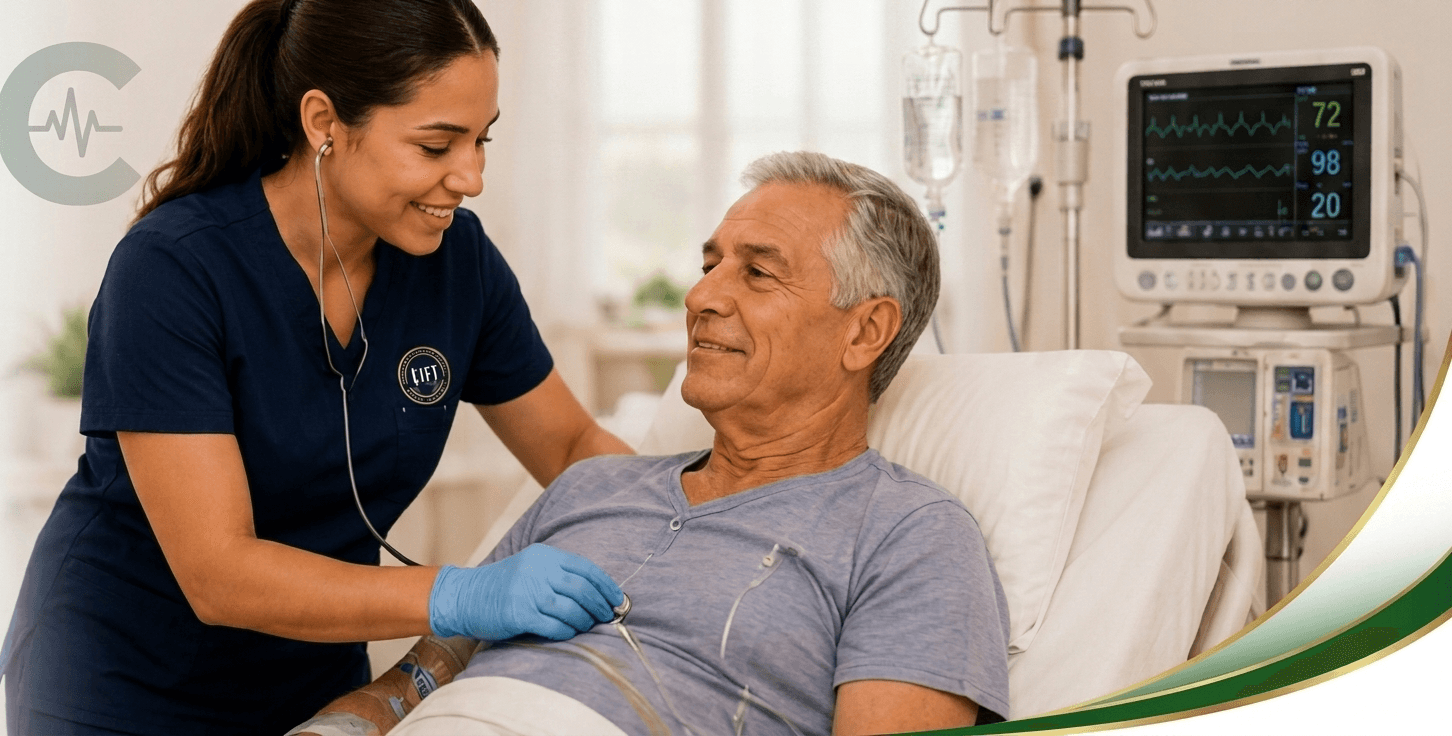 Critical care nurse providing care to a patient at home