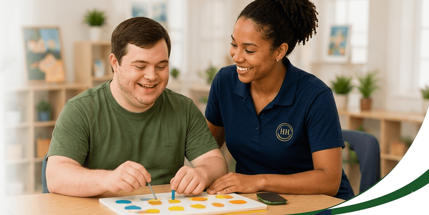 Caregiver participating in a meaningful activity with a day habilitation participant