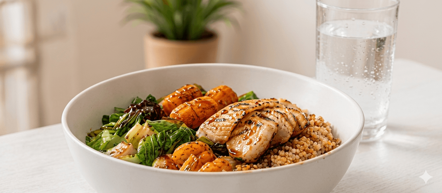 Caregiver supporting an older adult with a healthy meal
