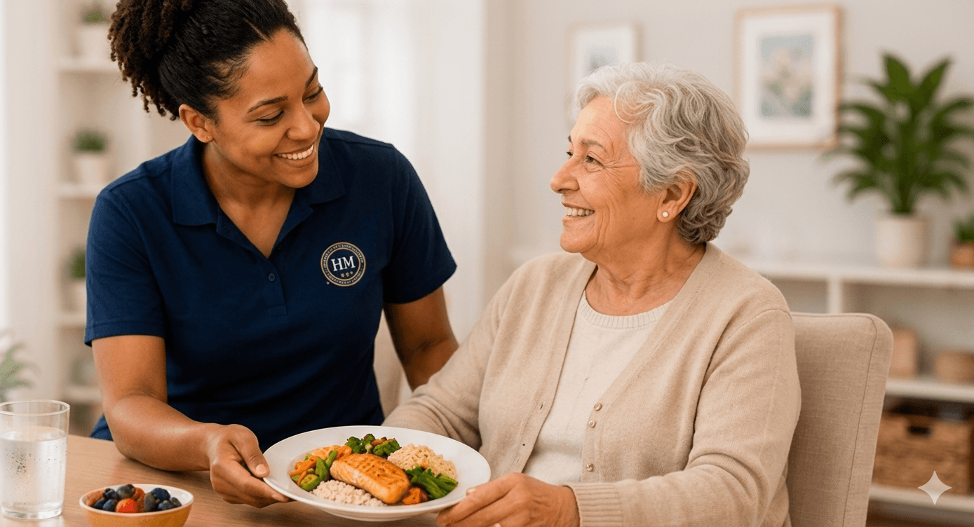 Caregiver supporting an older adult during a nutritious meal