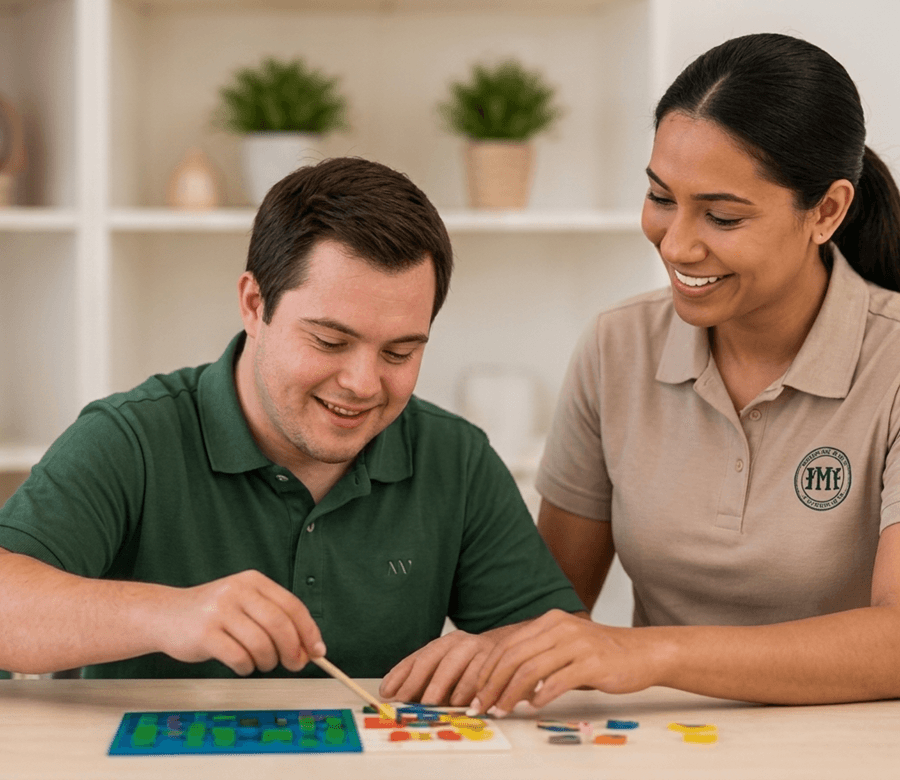 Caregiver assisting a client during a learning activity