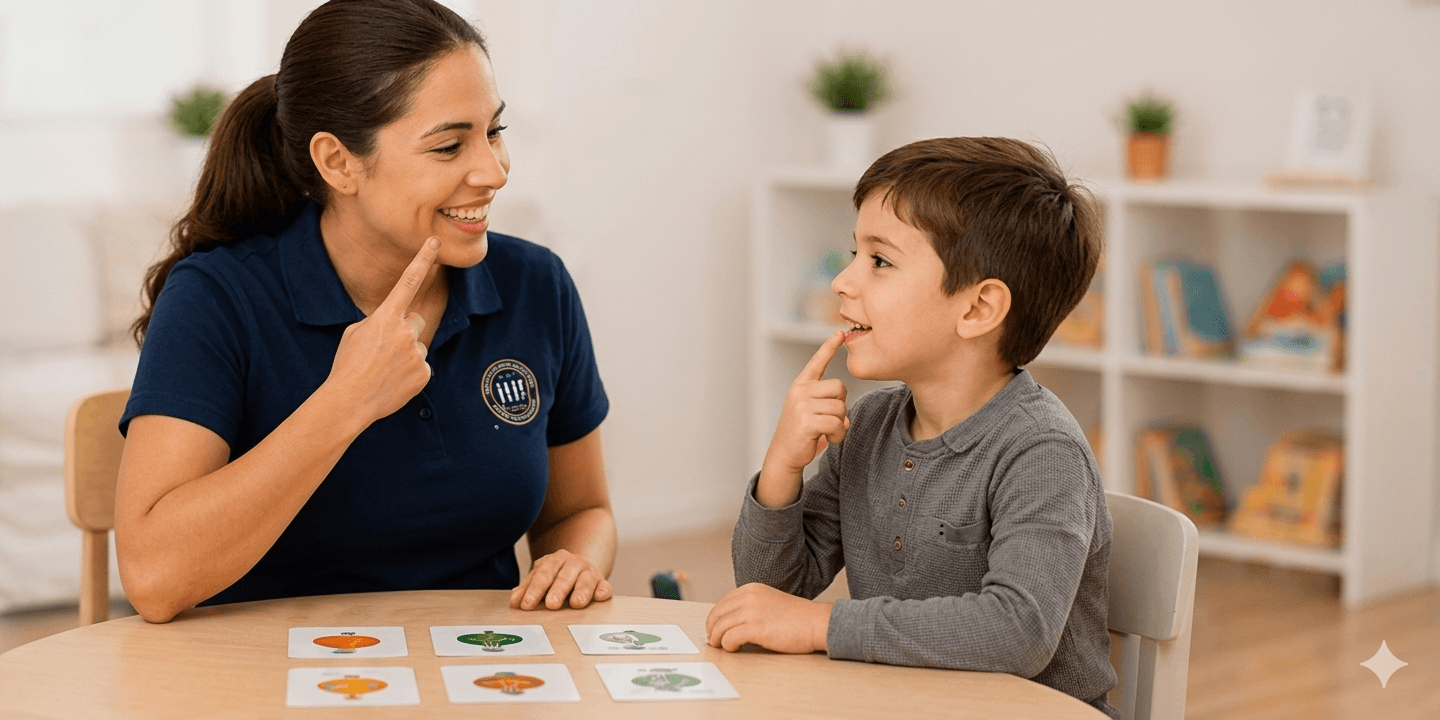 Speech therapist working with a child during a communication activity